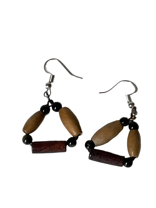 Triangular Tubular Wood Bead Earrings with Beige and Brown Agate Seed Beads, 1-Inch Dangle