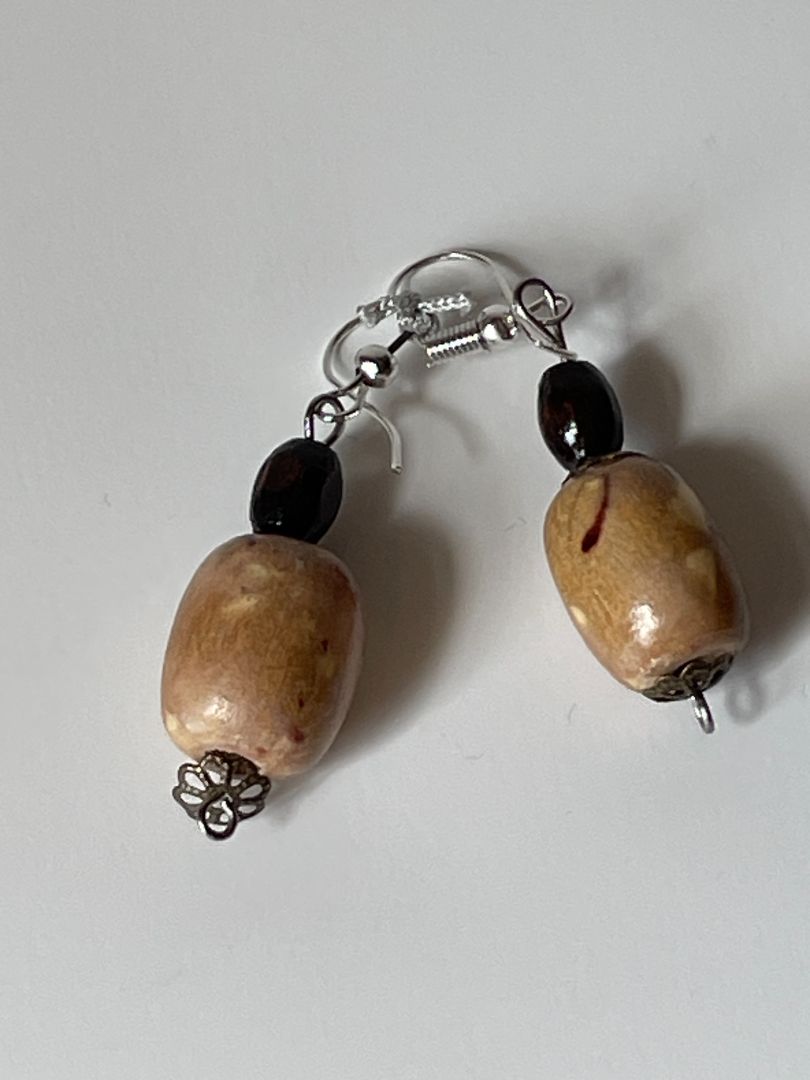 Cylindrical Dark Brown Bean Wood Bead Earrings with Bronze Bead Caps, 1-Inch Dangle