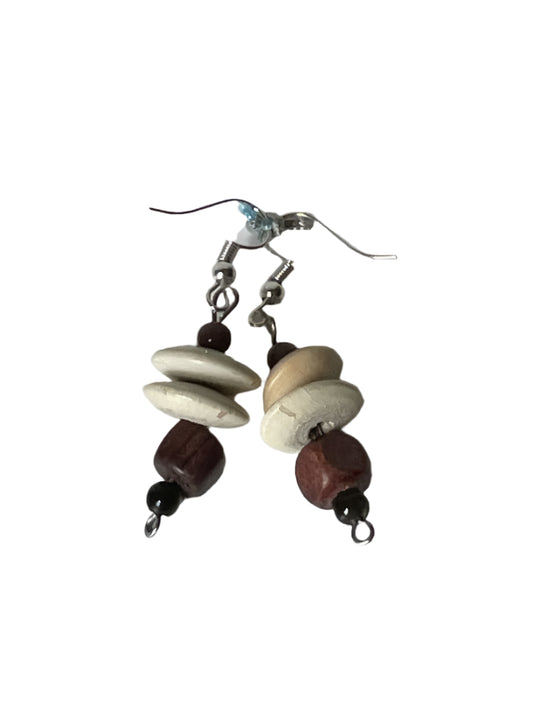 Brown Square and Beige Seed Bead Wood Earrings with Black Seed Beads, 1-Inch Dangle