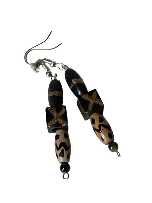 Dark Brown Bowling Pin Wood Earrings with Black Square Bead and Gold Accents, 2-Inch Dangle
