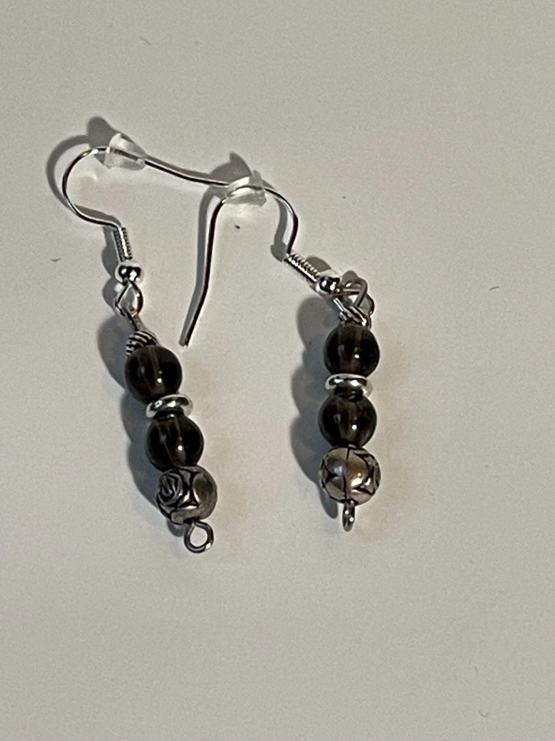 Smokey Quartz and Silver Bead Earrings with Disk Spacer, 1-Inch Dangle