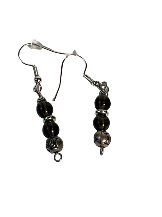 Smokey Quartz and Silver Bead Earrings with Disk Spacer, 1-Inch Dangle