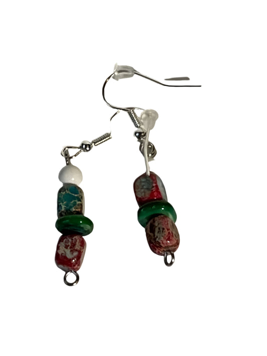 Square Imperial Pine Beads with White Turquoise Earrings, Silver Hook, 1-Inch Dangle