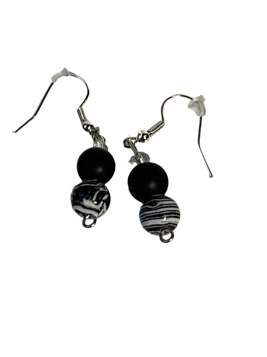 Black and White Malachite Earrings with Black Stone Beads and Silver Ear Hooks, 1-Inch Dangle