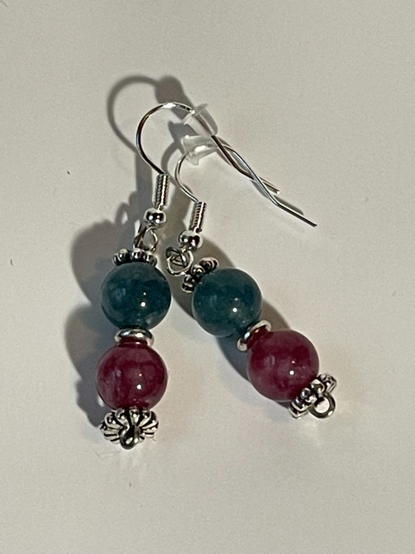 Red and Green Jade Earrings with Silver Spacer and Ear Hooks, 1-Inch Dangle