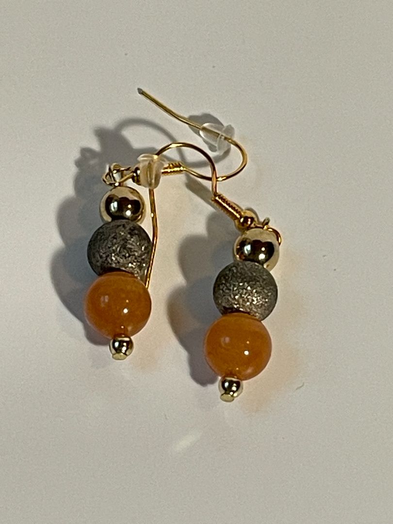 Orange Stone Earrings with Gold Glitter Accents, 1-Inch Dangle