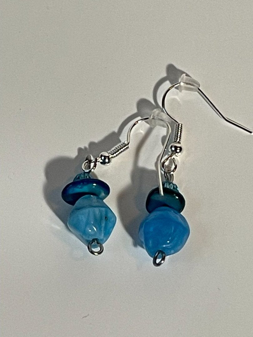 Turquoise Odd Shape Bead Earrings with Shell Topper, Silver Hooks, 0.5-Inch Dangle