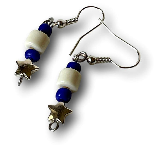 White Acrylic Cylinder Bead Earrings with Blue Seed Beads and Silver Star Charms, 1-Inch Dangle - Ysleta Mission Gift Shop