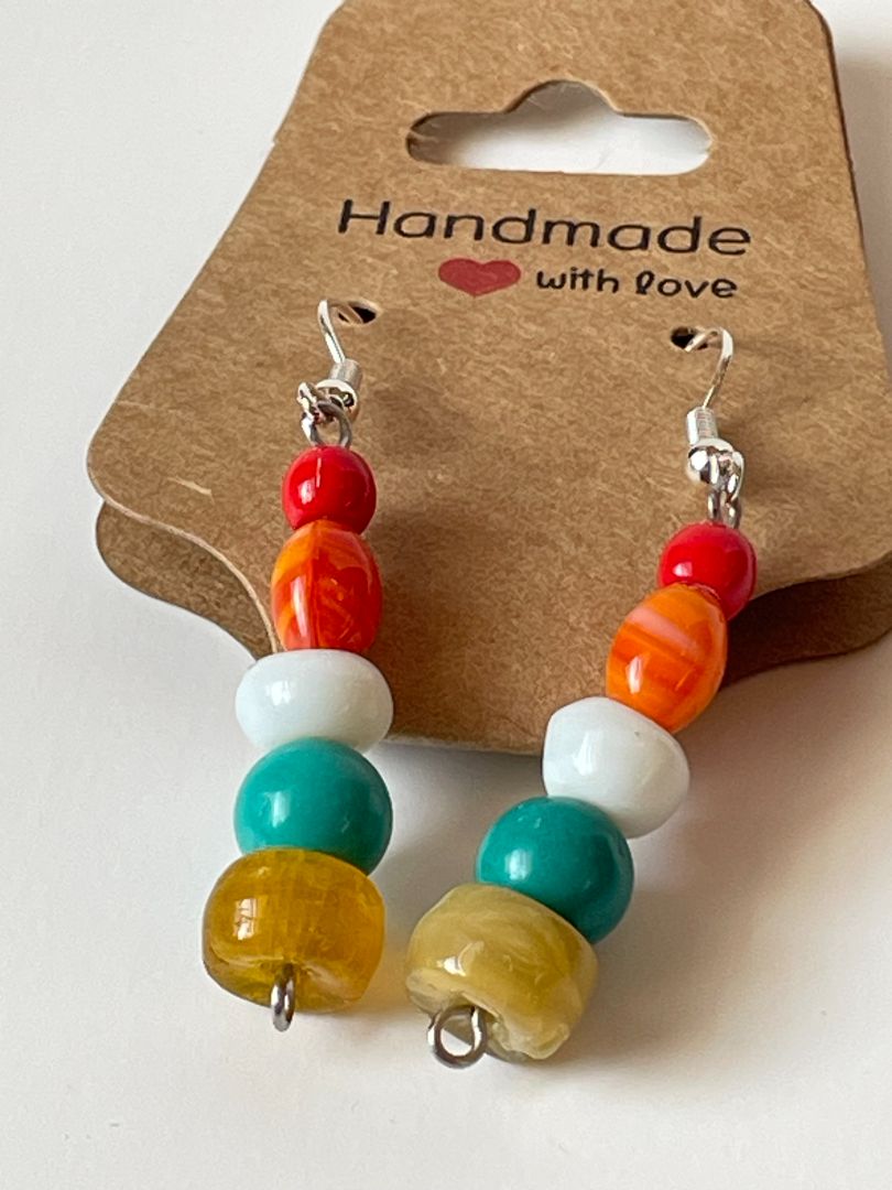 Multicolor Yellow Turquoise Glass Bead Earrings with Red Beads, 1.5-Inch Dangle