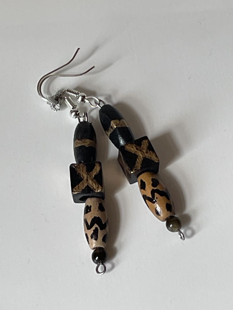 Dark Brown Bowling Pin Wood Earrings with Black Square Bead and Gold Accents, 2-Inch Dangle