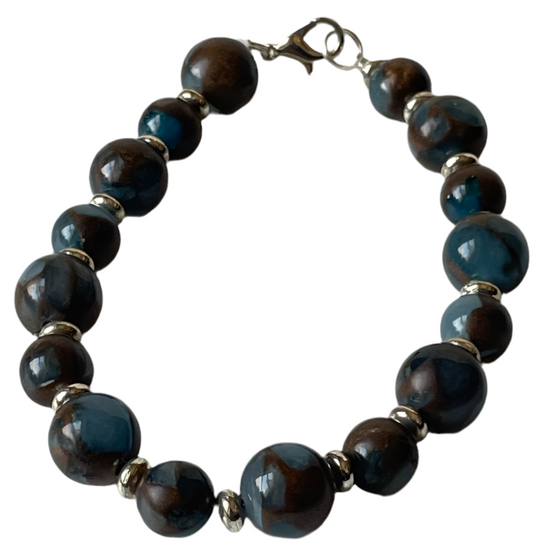 Earth-Tone Stone Bead Bracelet – 8 Blue & Brown Beads with Silver Spacers & Clasp
