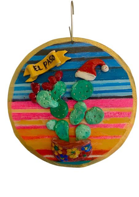 El Paso Serape Ornament with Prickly Pear Design – Hand-Painted Southwestern Ornament