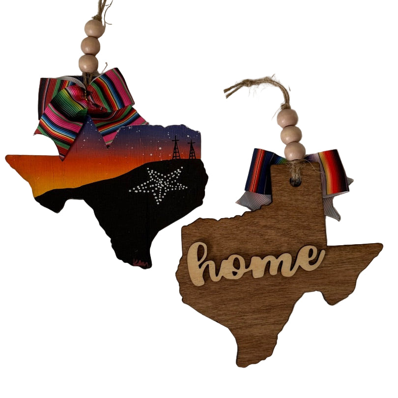 El Paso Sunset ‘Mi Cultura’ Texas Wood Ornament – HandPainted with Serape Bow & Star on the Mountain