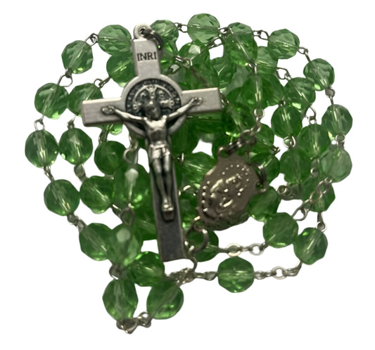 Emerald Green Sacred Heart Rosary with Saint Benedict Silver Crucifix - A Vivid Connection to Faith and Prayer