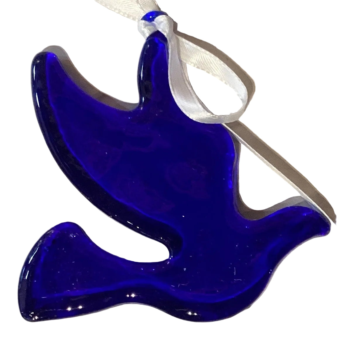 Cobalt blue dove glass ornament measuring 4 inches, handcrafted by Ysleta Mission Gift Shop, with intricate details and glossy finish.