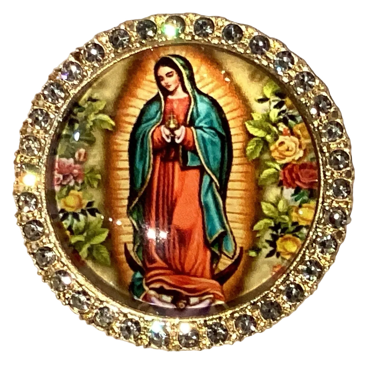 Virgin of Guadalupe goldtone gemstone brooch, Catholic jewelry with detailed religious imagery and vibrant gemstone accents.