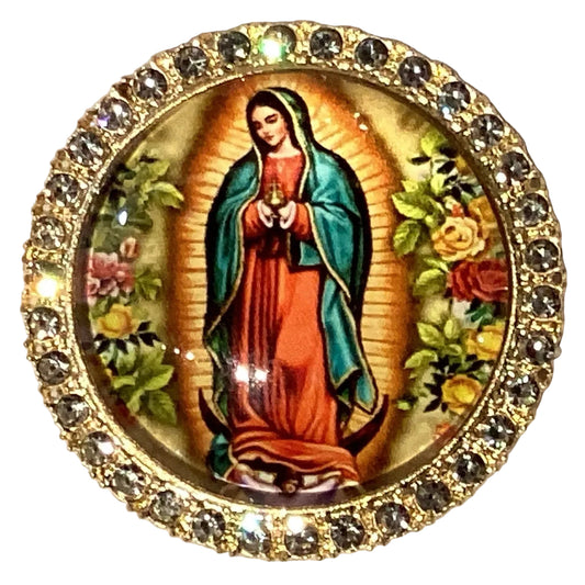 Virgin of Guadalupe goldtone gemstone brooch, Catholic jewelry with detailed religious imagery and vibrant gemstone accents.