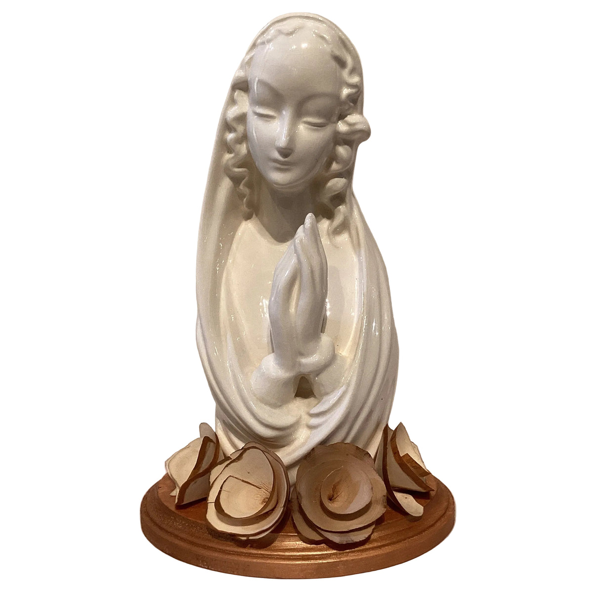 Mary porcelain tabletop statue, 18 inches tall, depicting the Catholic Saint Mary with detailed craftsmanship.