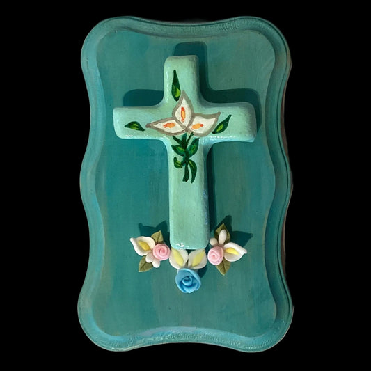 Hand Painted Teal Cross Plaque with Lily Flowers Christian Wall Decor 5x3