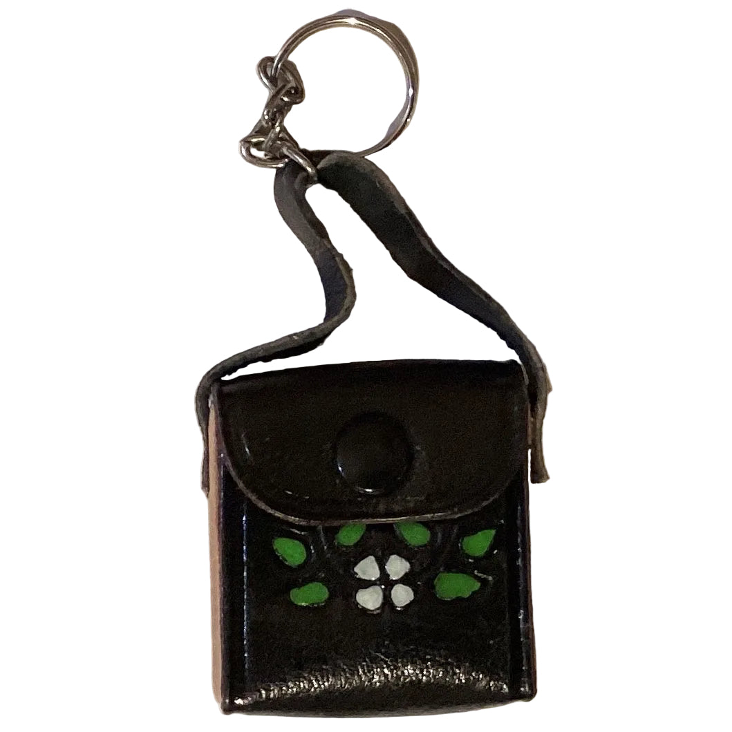Mini leather crossbody purse keychain in western style, featuring detailed craftsmanship, from Ysleta Mission Gift Shop.