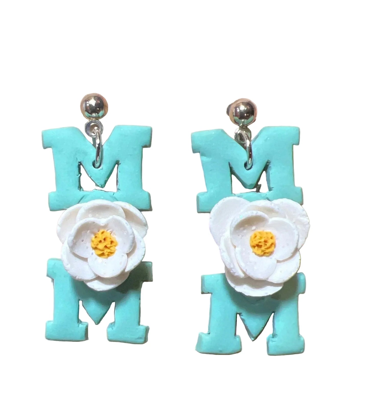 Handcrafted Clay Floral MOM Dangle Earrings, Stainless Steel Posts