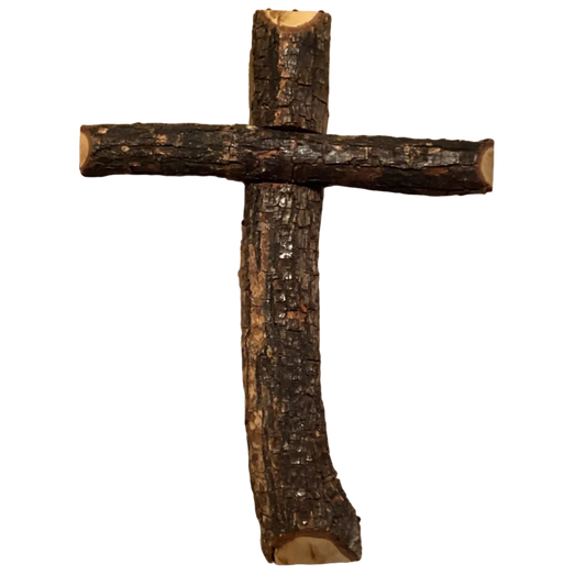 Handmade live edge pecan wood Christian wall cross with rustic design, ideal for Catholic or Christian home decor.