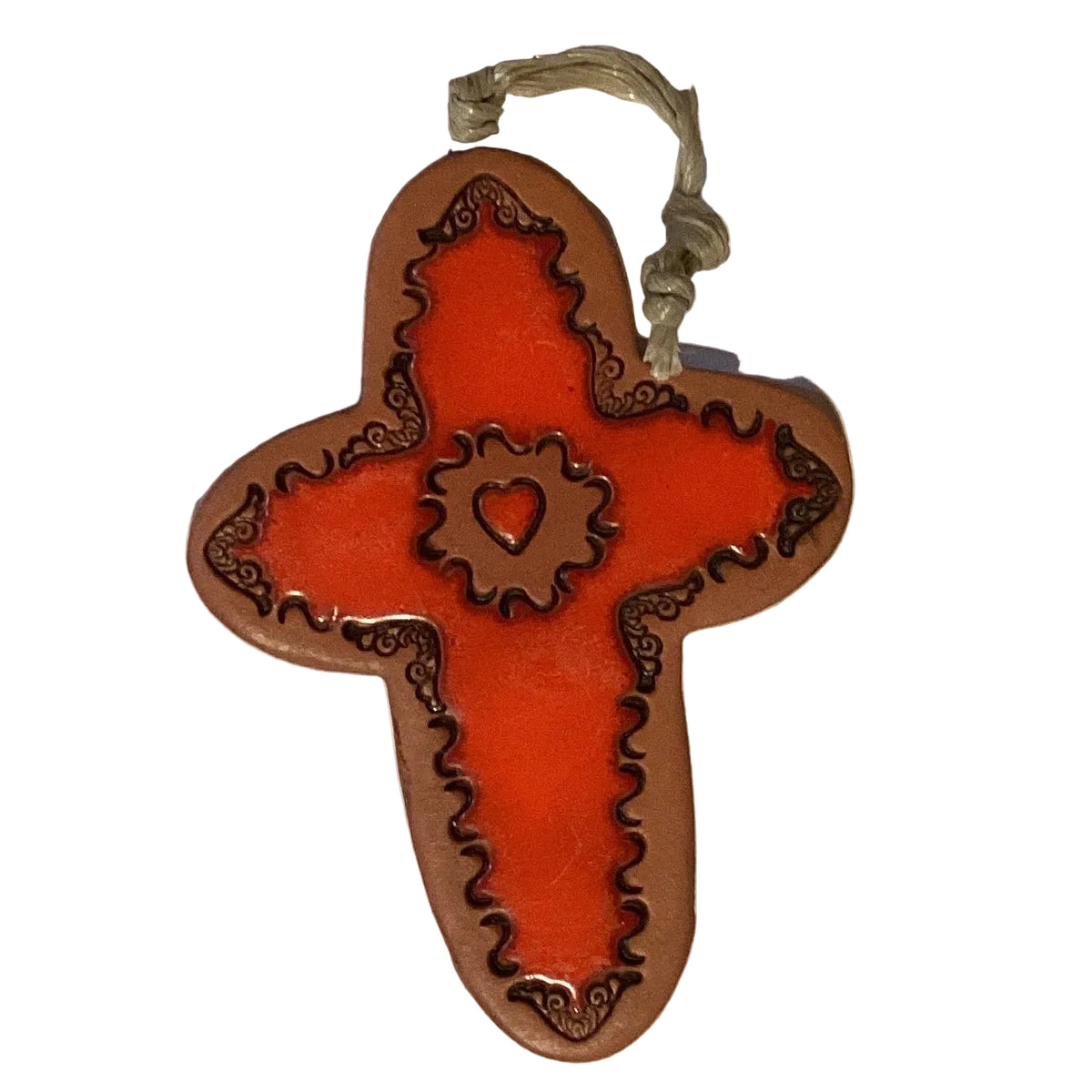 Handmade clay Catholic cross ornament measuring 3 inches, featuring detailed Christian design, perfect for religious decor.