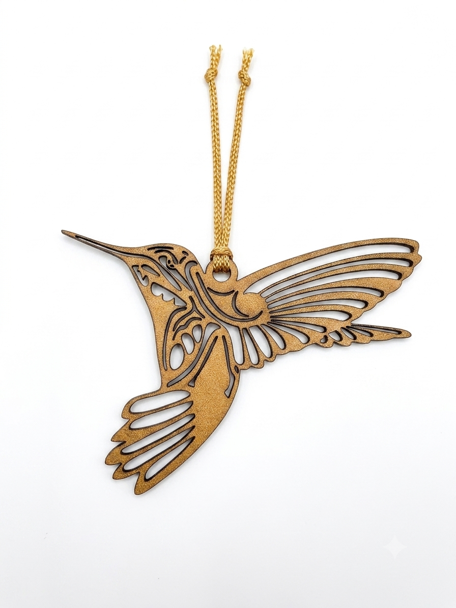 Laser-cut hummingbird wood ornament for Christmas holiday decorations, featuring intricate design by Norma Cordova De Schaefer.