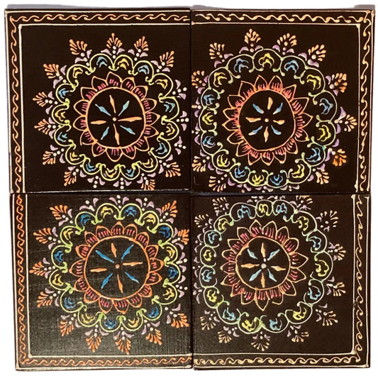 Colorful handcrafted wood mandala coaster set with folk art design, featuring five vibrant coasters for home and garden use.
