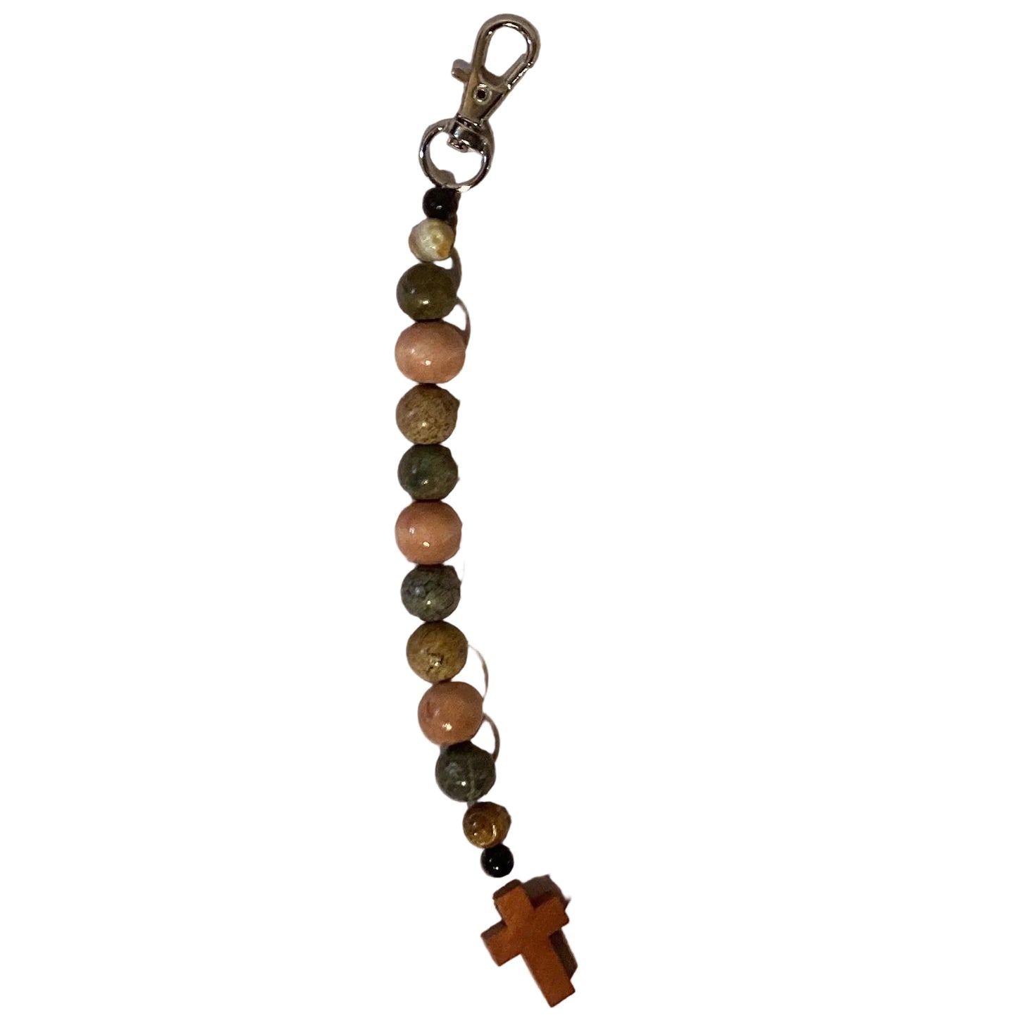 Handmade beaded keychain with glass gemstones and lava rock beads, 6 inches long, from Ysleta Mission Gift Shop.