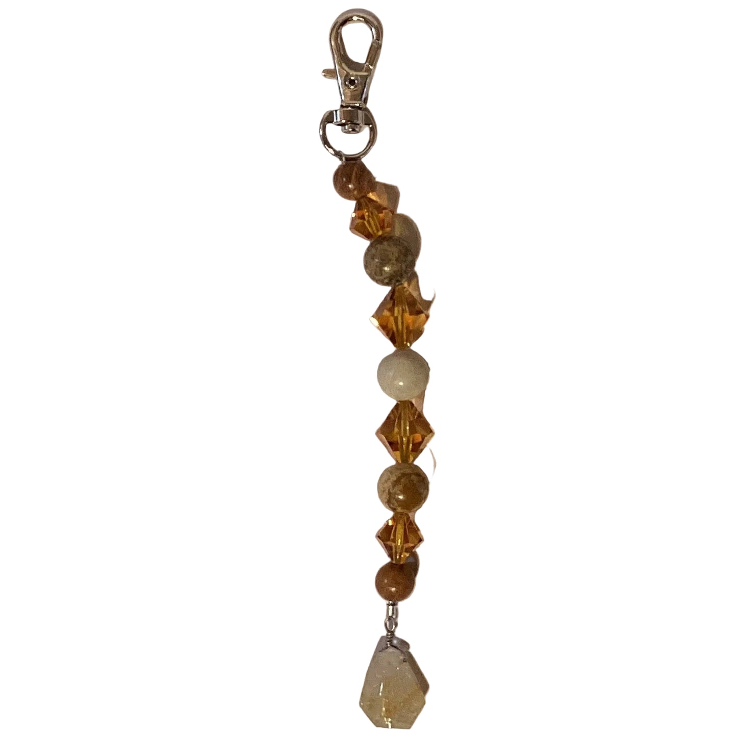 Handmade beaded keychain with glass gemstone and lava rock beads, 6 inches long, from Ysleta Mission Gift Shop.