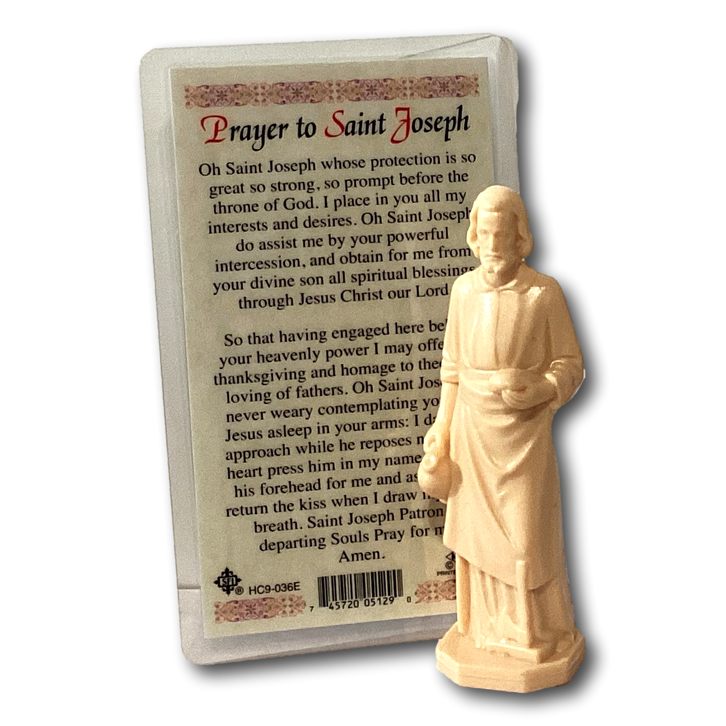 Saint Joseph figurine with prayer card, 3.5 inches, Catholic Christian statue, detailed religious sculpture for devotional use.