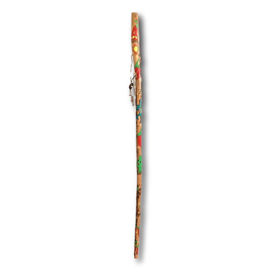 Hand-carved New Mexico motif walking stick by Ysleta Mission Gift Shop, 4.5 ft tall, featuring intricate traditional designs.