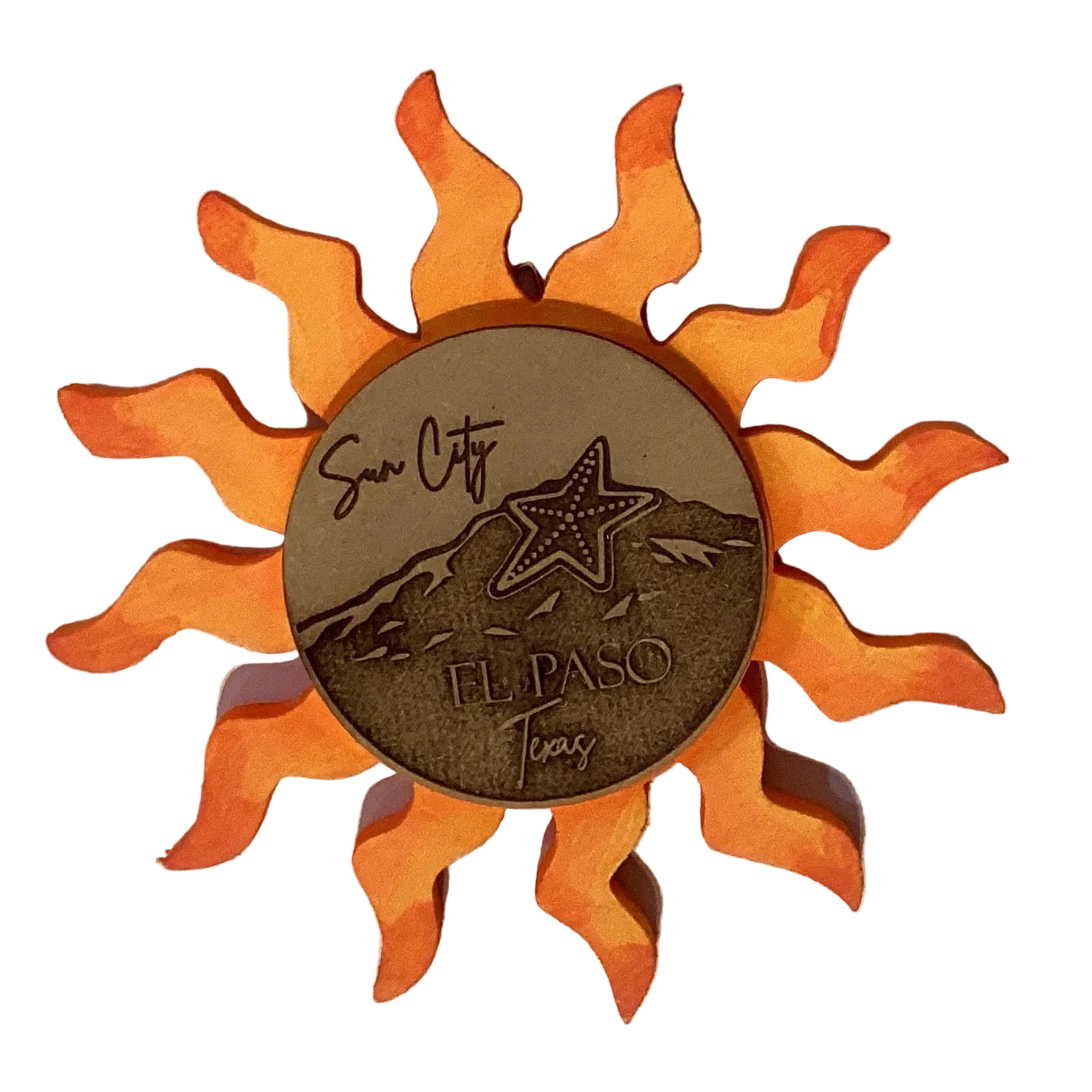 Sun City El Paso Star Mountain 6-inch wall decor ornament with vibrant colors, showcasing El Paso souvenirs and Ysleta Mission branding.
