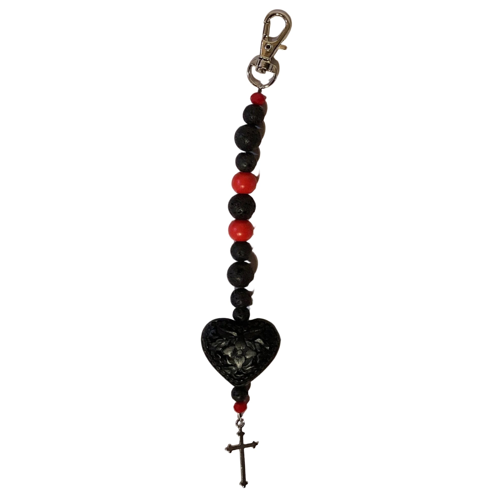 Handmade beaded keychain featuring glass gemstones and lava rock beads, 6 inches long, from Ysleta Mission Gift Shop.