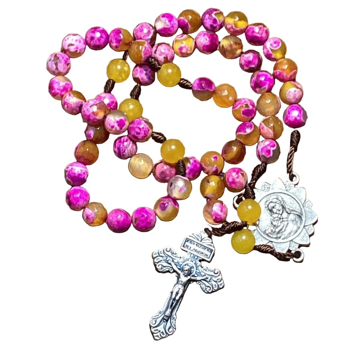 Pink and gold faceted agate Marian rosary with five decades and a Pardon crucifix, designed by Liza Murphy for Catholic prayer.