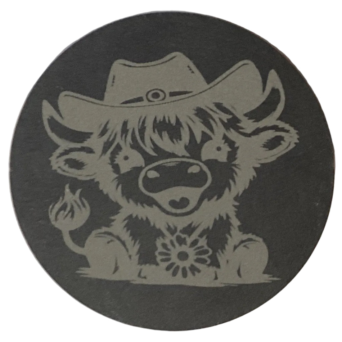 Cow design stone coaster set, 4-inch round coasters with rustic cow artwork by Ysleta Mission Gift Shop