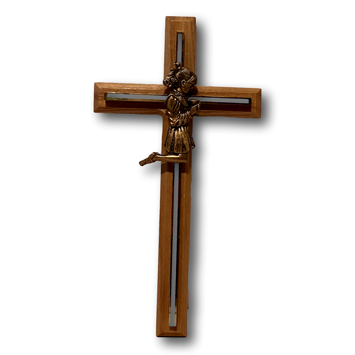 First Communion girl brass cross on wood base, Catholic Christian gift, Ysleta Mission, decorative religious crucifix for special occasion