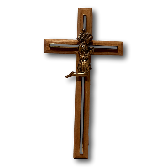 First Communion girl brass cross on wood base, Catholic Christian gift, Ysleta Mission, decorative religious crucifix for special occasion