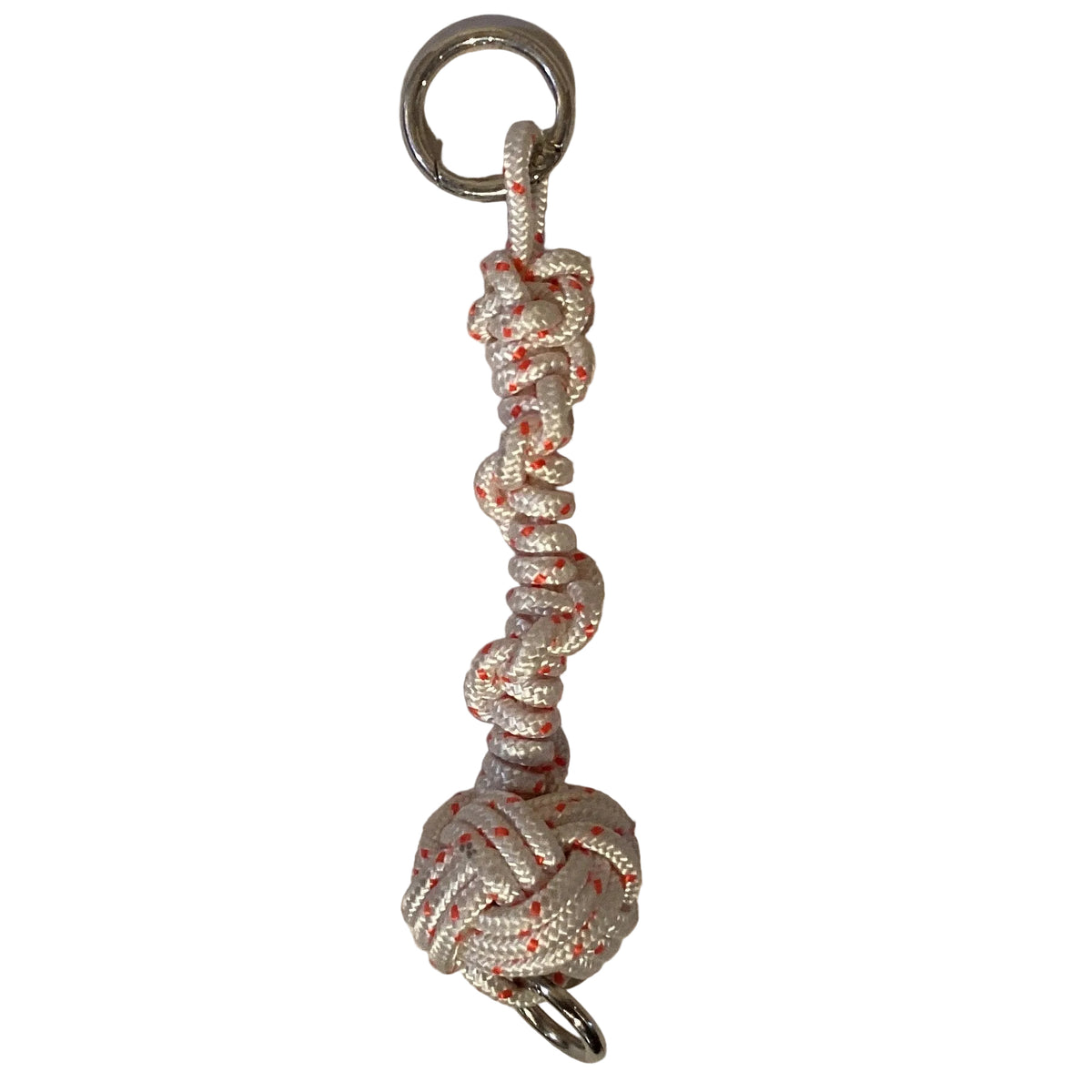 Colorful braided rope paracord keychain with metal keyring, designed for handbags and wallets, from Ysleta Mission Gift Shop.