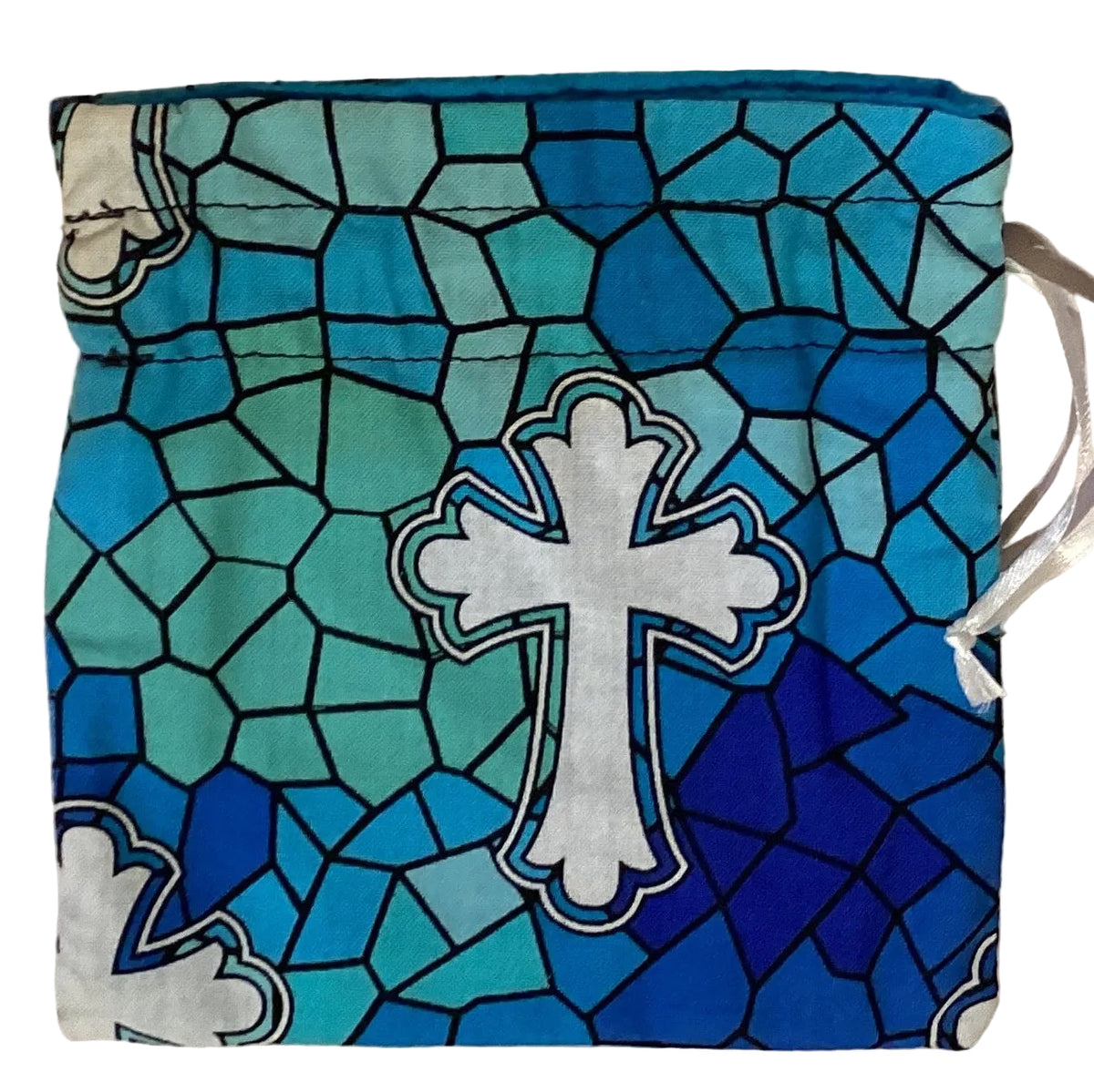 Handmade Faith Pouches with Catholic rosary parts, 4-inch size, crafted by Ysleta Mission Gift Shop, featuring colorful fabric and religious symbols.