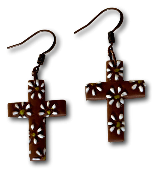 Floral Cross Polymer Clay Dangle Earrings – 1.5"x1" with Nickel-Free Brass Hooks