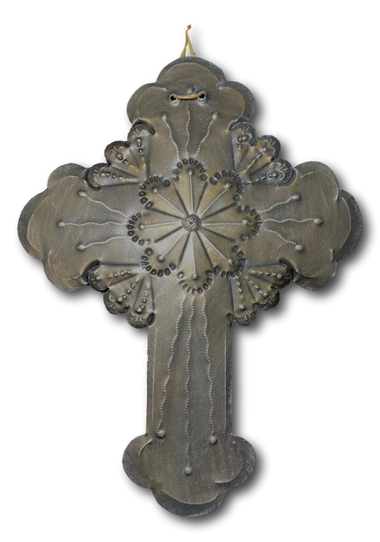 Flower Repujado Tin Cross by Jerry Montoya – New Mexico Santero Artist, Wall Art, 9" x 7"