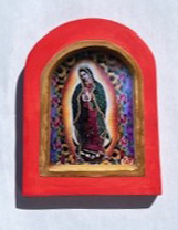 Miguel Martinez Flower Virgin print on wood panel featuring vibrant floral artwork with colorful flower cutouts.