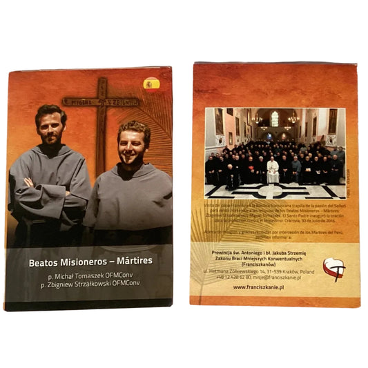 Catholic faith booklet featuring Beatos Misioneros Mártires Miguel Tomaszek and Zbigniew Strzałkowski by Father Jarek in Spanish.