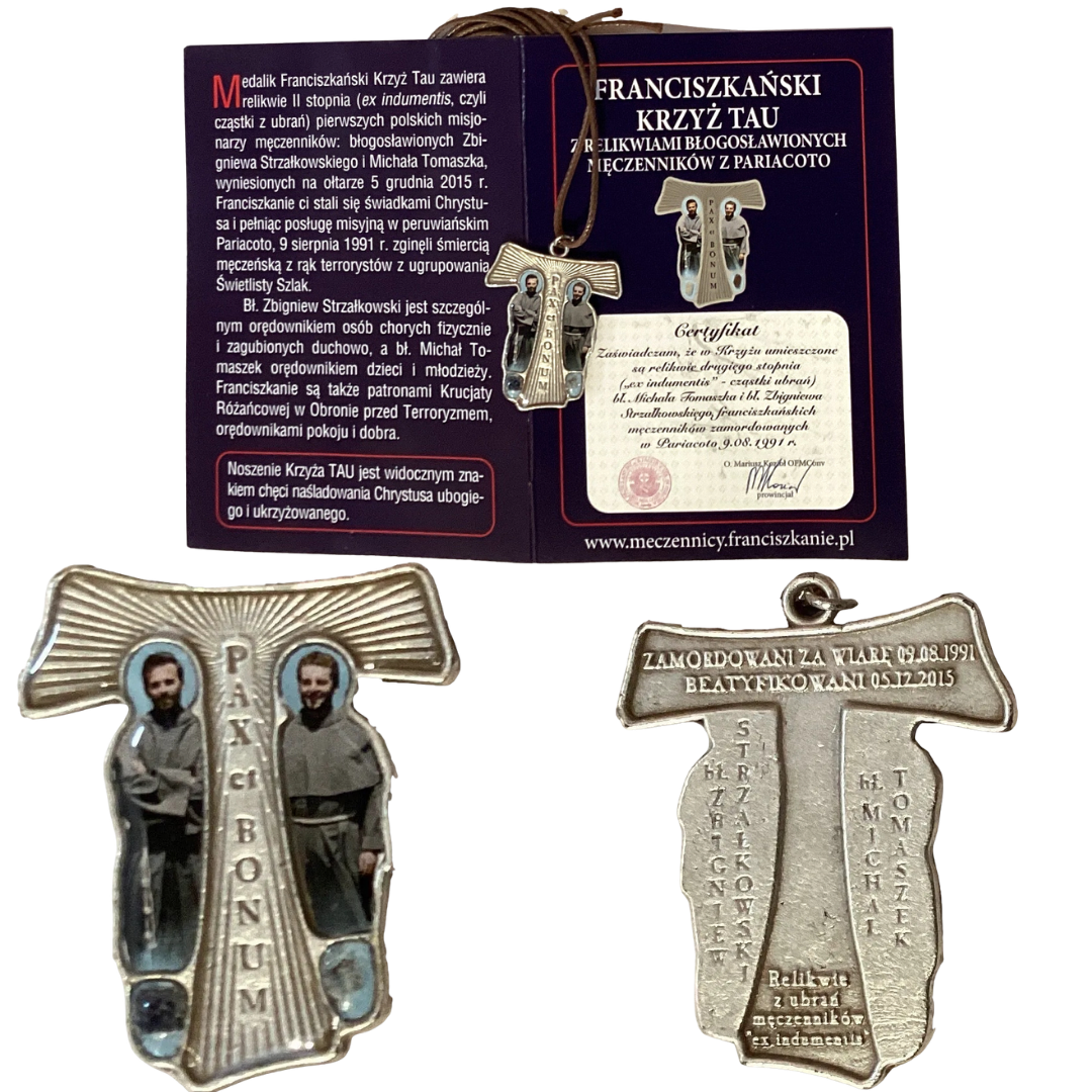 Franciscan 1x1 Tau cross necklace with relics of the Martyrs of Pariacoto, Catholic Christian jewelry by Father Jarek, 14-inch corded necklace.