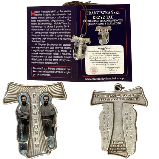 Franciscan 1x1 Tau cross necklace with relics of the Martyrs of Pariacoto, Catholic Christian jewelry by Father Jarek, 14-inch corded necklace.