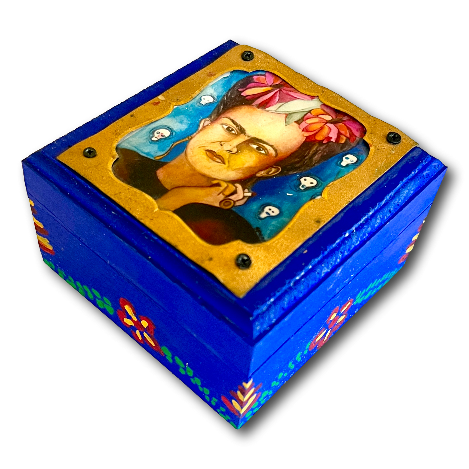 Wooden Frida Kahlo-inspired trinket box with vibrant art print, decorative storage piece for home decor by Susan W Perez.