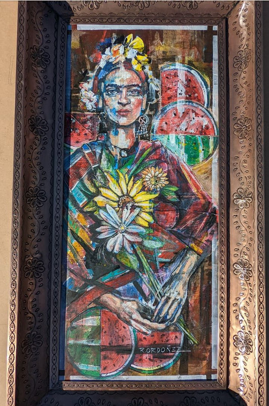 Original Art "Frida" Acrylic Mix Cradle Board Tin Frame  28x51