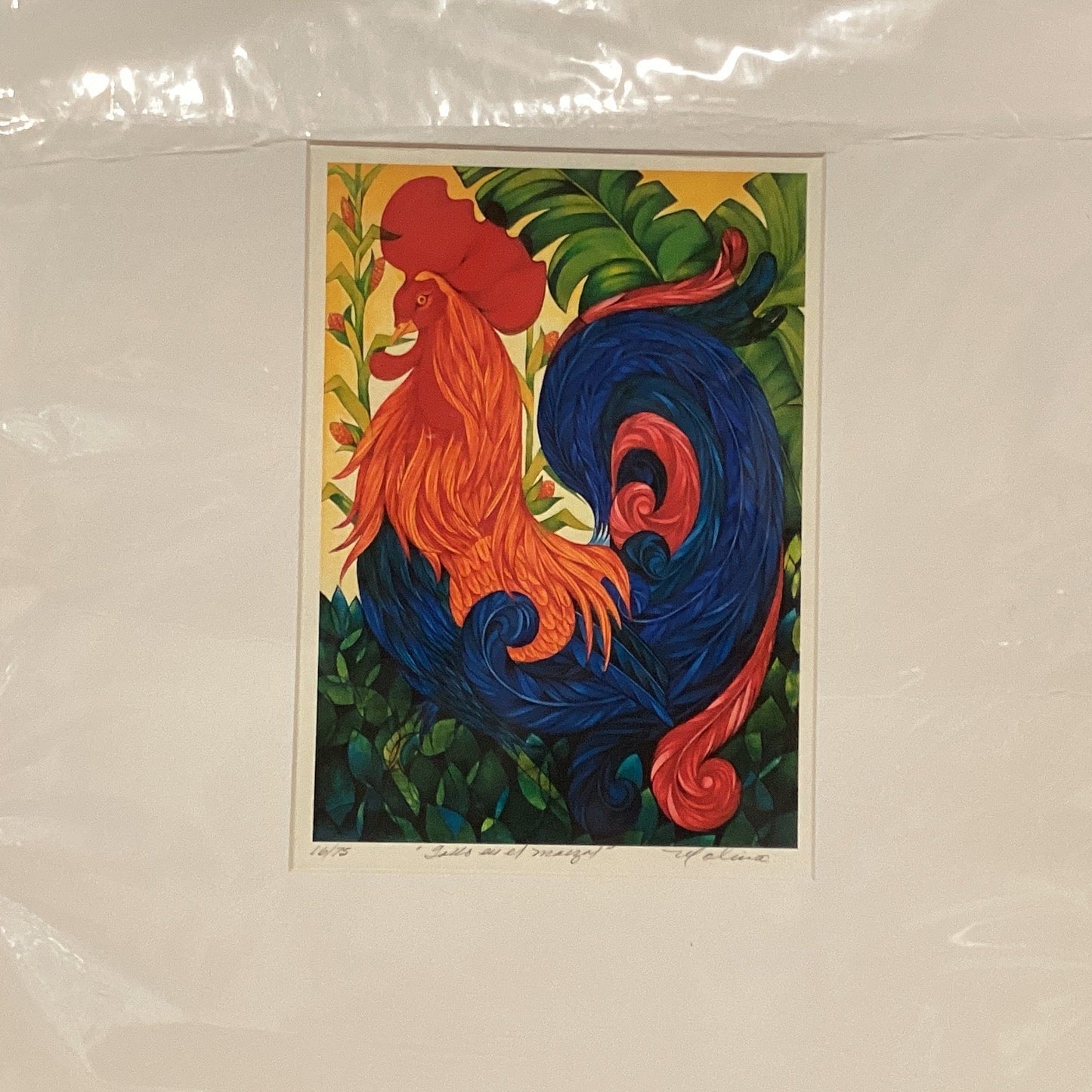 Luis Molina "Gallo en el Maizal" art print, 16x20, signed and numbered, featuring a colorful rooster in a maize field.